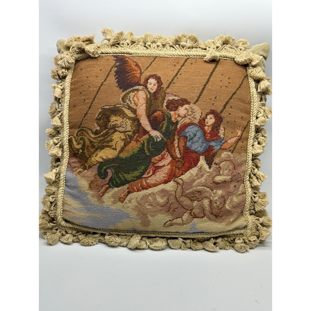 Aubusson Style Angelic NEEDLE POINT of Angels in Air w/ Cherub Fringe Pillow 17"